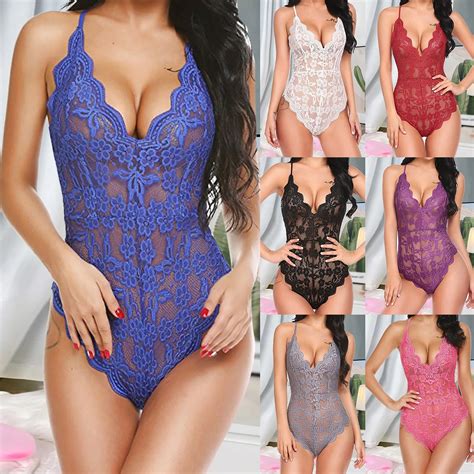 Plus Size Erotic Sexy One Pieces Lingerie Lace Embroidery Bodysuit Transparent Sex Dress Women