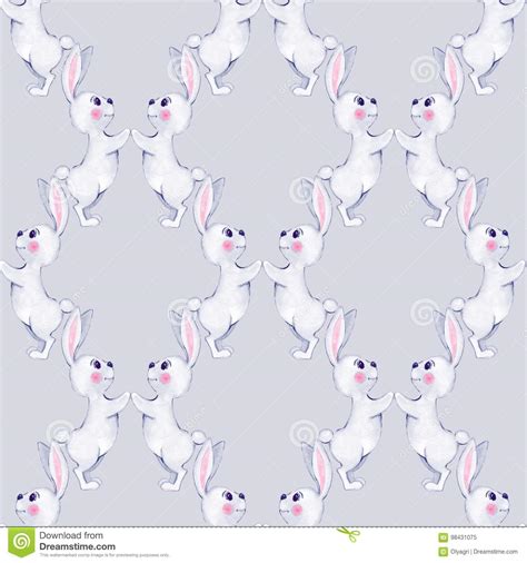 Seamless Pattern With Cartoon White Rabbits 12 Stock Illustration