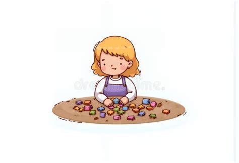 Cheerful Blonde Chibi Character Playing With Colorful Geometric Shapes On Light Brown Surface