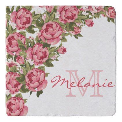 Vintage Blush Pink Roses Peonies Name Monogram Trivet Patterns