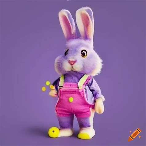 Purple Bunny Wearing Pink Overalls With Yellow Buttons On Craiyon