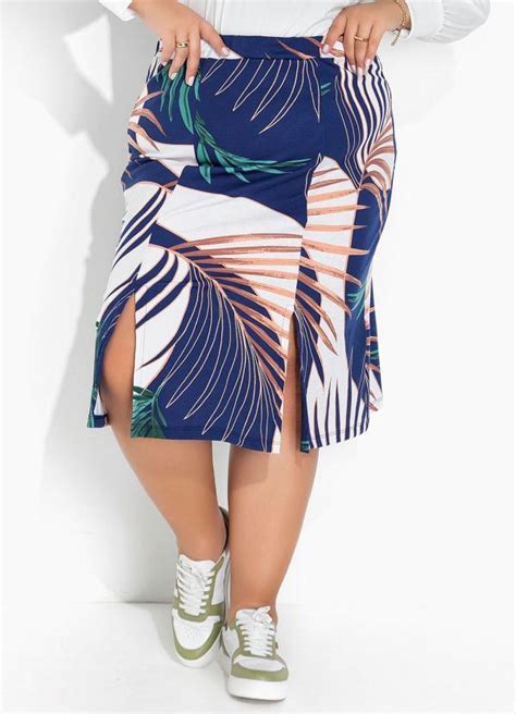 Saia Folhas Azul Fendas Na Barra Plus Size Marguerite