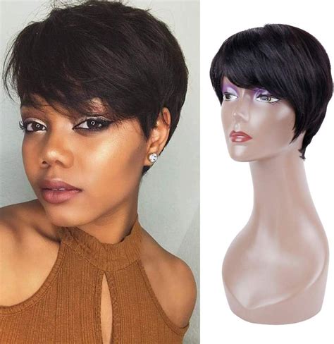 Queentas Pixie Cut Short Human Hair Wigs With Free Side Part Bangs For