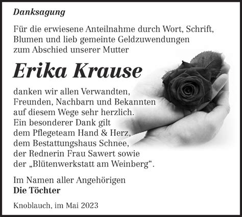 Traueranzeigen Von Erika Krause M Rkische Onlinezeitung Trauerportal