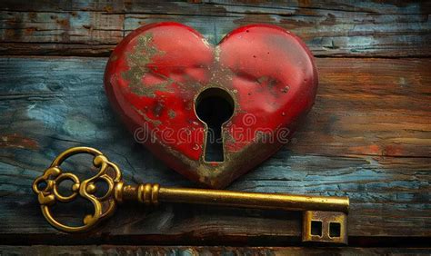 Vintage Golden Key Beside A Red Heart With A Keyhole On A Rustic Wooden