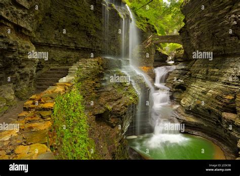 The Rainbow Falls Waterfall In Watkins Glen Gorge In New York State