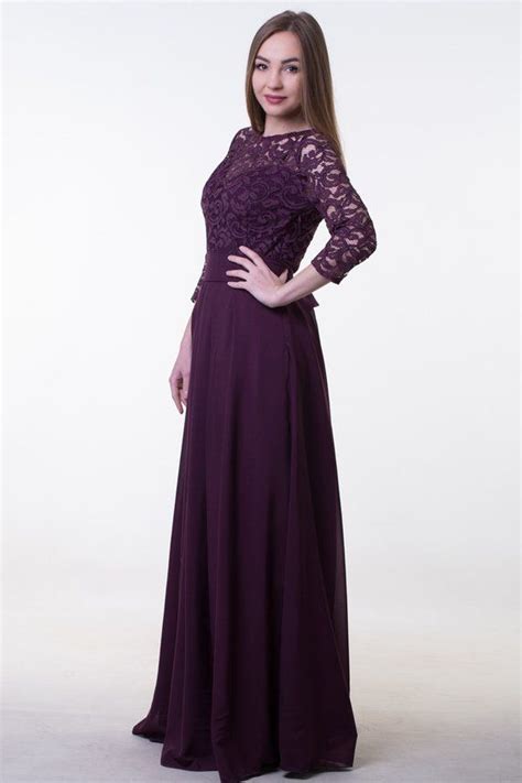 Dark Purple Bridesmaid Dress Long Lace And Chiffon Dress With Sleeves