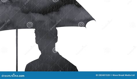 Silhouette Of Man Under Umbrella Filled With Grey Clouds And Rain On