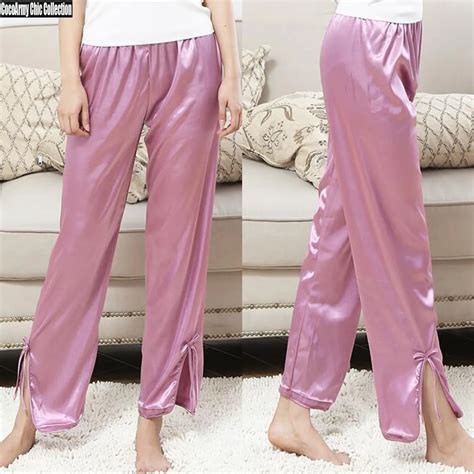 Fashion Soft Satin Silk Pajama Pants With Bottom Slit Bow Designtrousers Pyjamas Bottomsplus