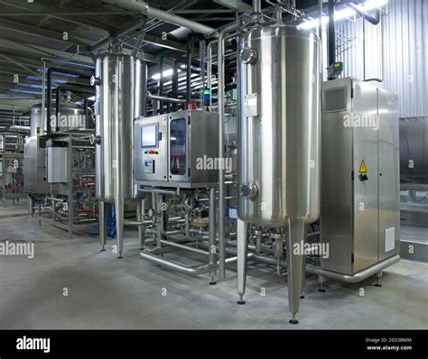 Beer Brewing Production Plant Large Storage And Fermenting Tanks