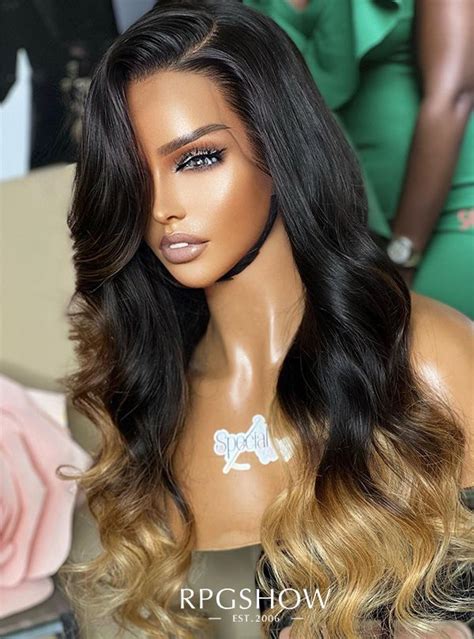 Long Side Part Bangs Wavy Black Hair Blonde Ombre With Brown Highlights