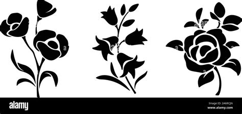 Three Vector Black Silhouettes Of Flowers Isolated On A White