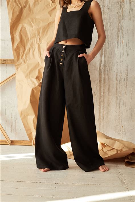 Black Wide Leg Pants Women Linen Trousers Linen Pants High Etsy