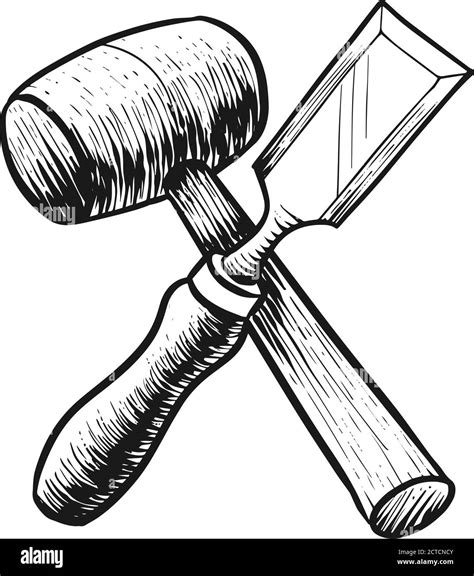 Chisel And Mallet Icon In Sketch Style Woodworking Tool Vector