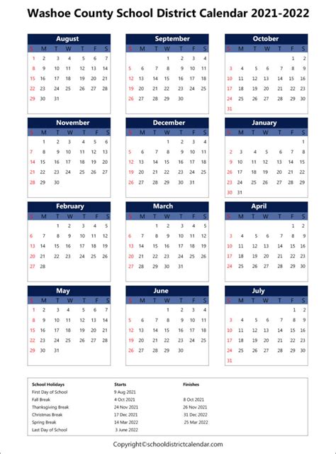 Washoe School District Calendar Holidays 2021-2022