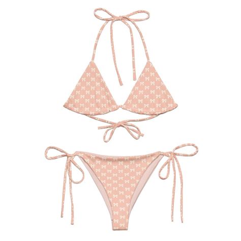 Coquette Bow String Bikini Swimsuit Soft Peach Retro Look Eco Friendly Recycled Fabric