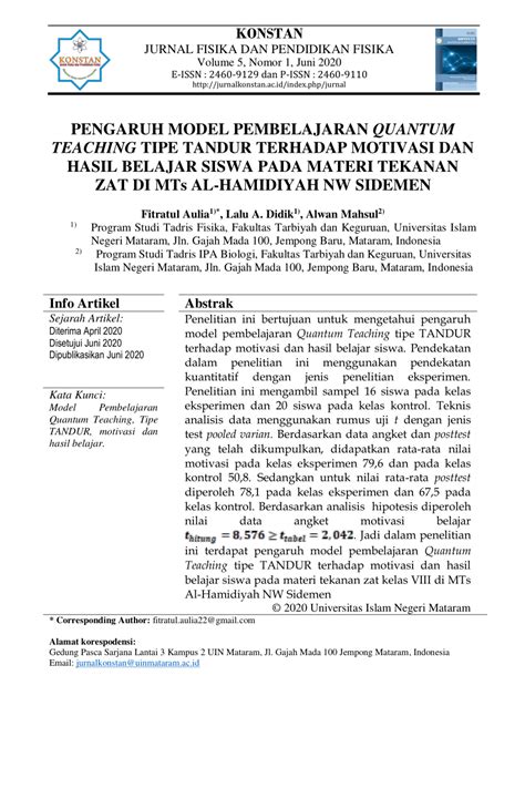 PDF PENGARUH MODEL PEMBELAJARAN QUANTUM TEACHING TIPE TANDUR TERHADAP