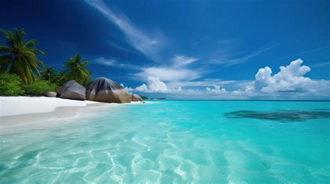 White Sand Beach With Blue Clear Water Next To Stones Backgrounds Psd