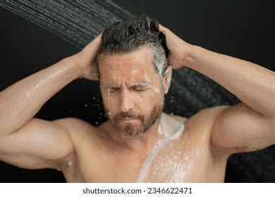 Man Washing Hair Closeup Portrait Bathing Stock Photo