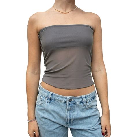 Caitzr Women Sexy Sheer Mesh See Through Crop Tube Top Slim Fit Strapless Bandeau Top Sleeveless