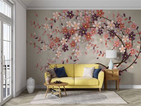 3D Flowers On Branch Wallpaper Mural | Silk Interiors Wallpaper Australia