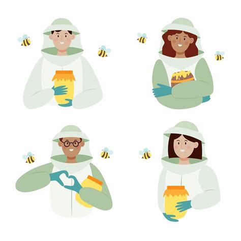 Set Of Beekeepers Male And Female Characters In A Bee Protection Suit With A Jar Of Honey Flat