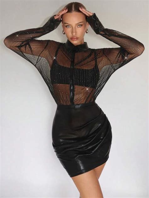 SHEINNeu Sheer Mesh Bodice Bodycon Dress Without Bra SHEIN USA