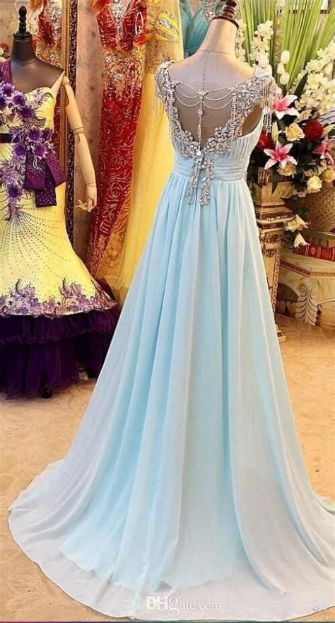 Real Sample Light Blue Chiffon Crystal Prom Party Dresses Beaded