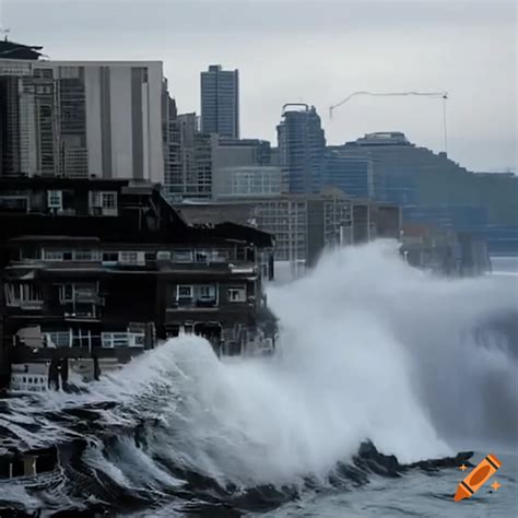 Devastating Tsunami Wave Hitting A City On Craiyon