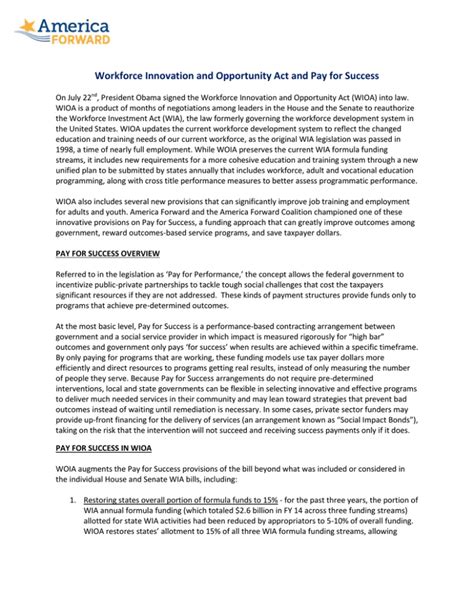 Workforce Innovation And Opportunity Act And Pay For Success