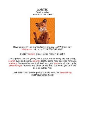 Example 'Wanter' Poster for Fantastic Mr Fox! WAGOLL | Teaching Resources