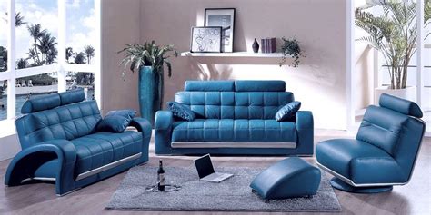 Blue Leather Sofa Set - sofa living room ideas