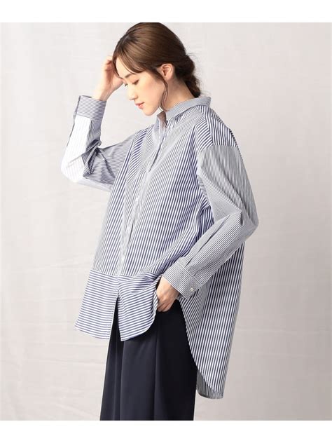 楽天市場SALE OFF パターンのストライプを組み合わせたロングシャツ Comme ca Mature コムサイズム トップス シャツブラウス ホワイトRBA E