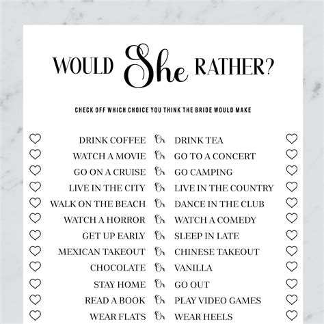 Would She Rather Game For Bridal Shower Games Bachelorette Party