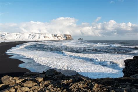 Winter Landscape with Black Sand Beach and Ocean Waves, Iceland Stock Photo - Image of iceland ...