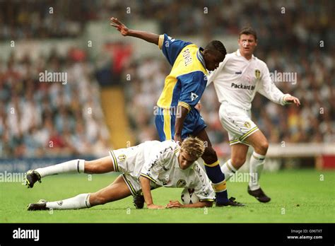 Derby Countys Darryl Powell Over Leeds Uniteds Jonathan Woodgate Tackle