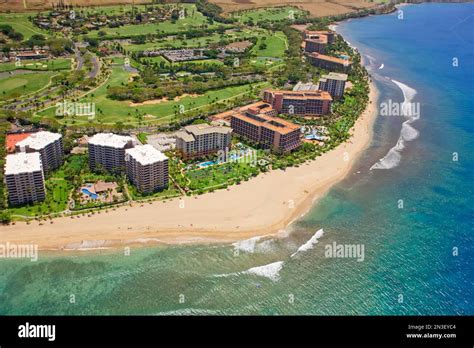 Aerial view of hotels along Kaanapali Beach with Kaanapali golf course ...