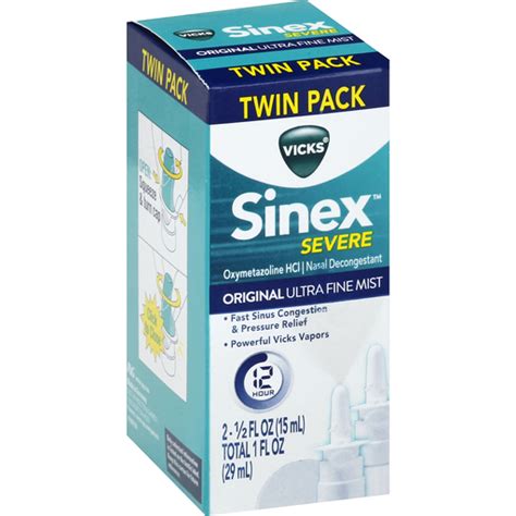 Vicks Sinex Nasal Decongestant Severe Original Ultra Fine Mist Twin