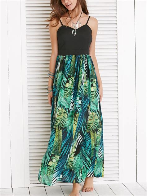 2018 Spaghetti Strap Leaf Hawaiian Print Maxi Dress In Blackish Green S