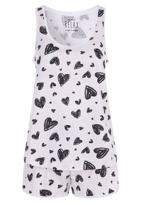 Womens Black Hearts Vest Shorts Pyjama Set Peacocks