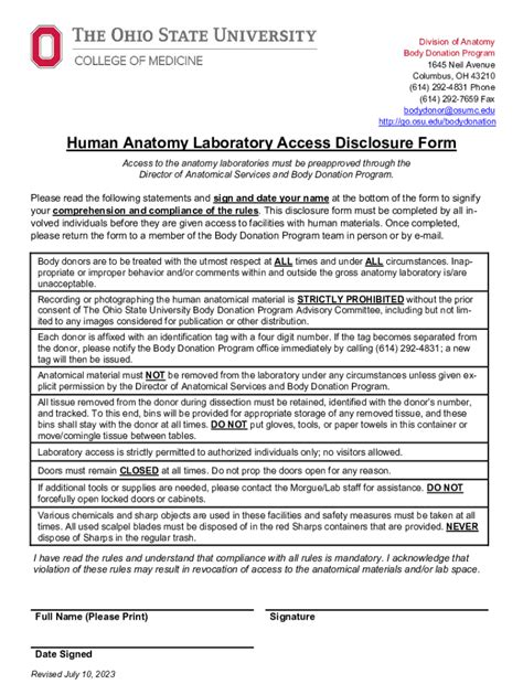 Fillable Online Medicine Osu Human Anatomy Laboratory Access Disclosure