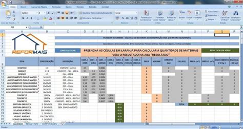 Planilha De C Lculo De Materiais Da Constru O Civil Reformais