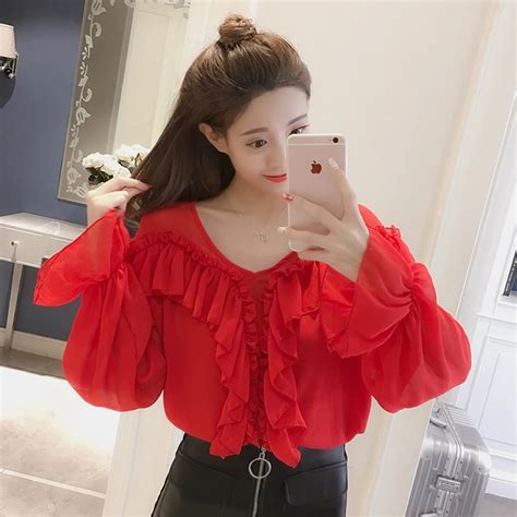 Sweet Splicing Chiffon Ruffled Blouses Sexy V Neck Lantern Sleeves