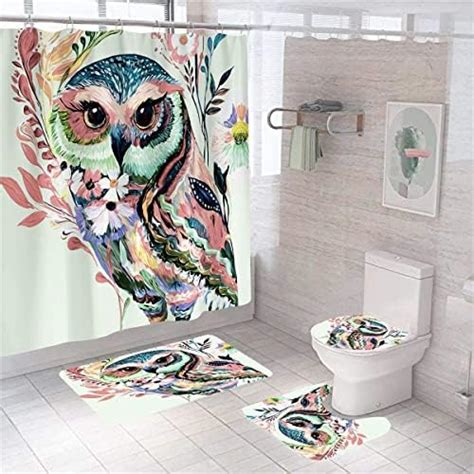 Byitre Colorful Owl Shower Curtain Sets With Rugs Cute Oil