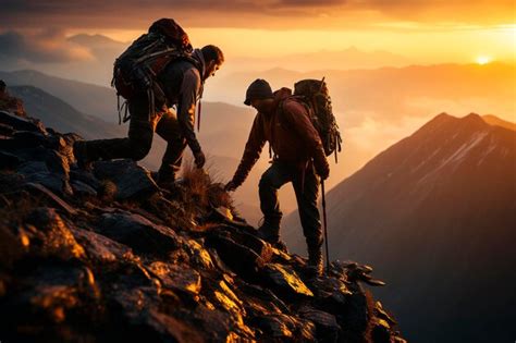 Premium AI Image Couple Of Hikers With Backpacks Standing On The Top