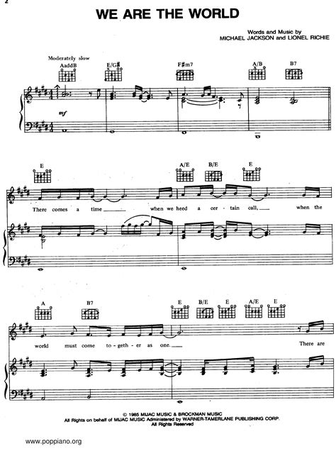 Lionel Richie Michael Jackson We Are The World Sheet Music Pdf Free