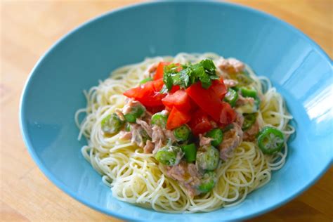 オクラとツナとトマトの冷製パスタ ほっこり農園