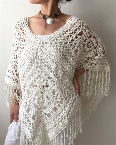 Crochet Poncho Boho Cape Granny Square Poncho Ivory Cream Etsy