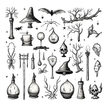 Magical Hand Drawn Witch Illustration Set Of Halloween Objects