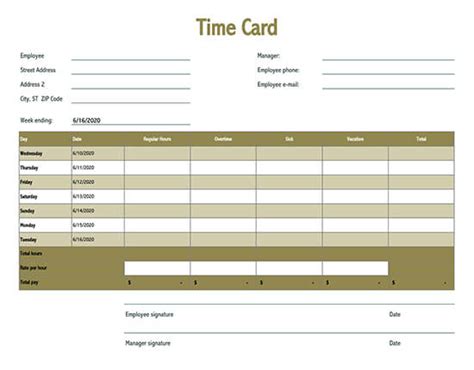 Free Time Card Templates Word Excel Pdf